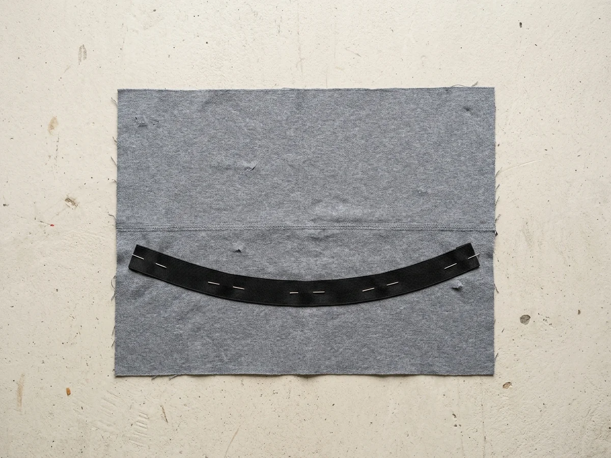 A grey knit panel seen from directly above with a flat elastic band pinned across it in a low, shallow arc