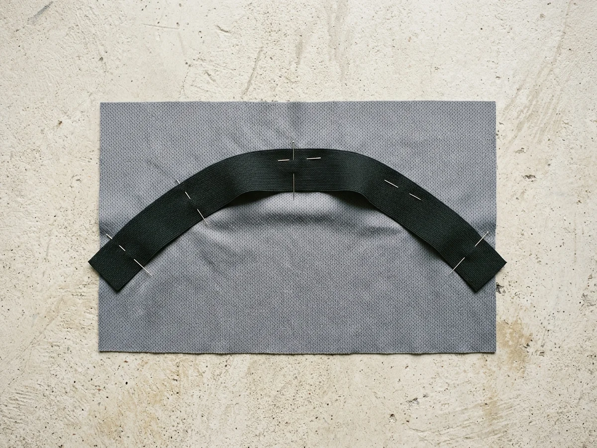 An identical grey knit panel seen from directly above with the same flat elastic band pinned higher and in a shorter, steeper arc