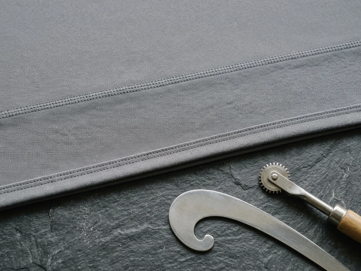 A panel of grey performance knit pressed flat and taut on a dark slate table, a coverstitched seam and a bound edge in sharp focus, pattern tools resting beside it
