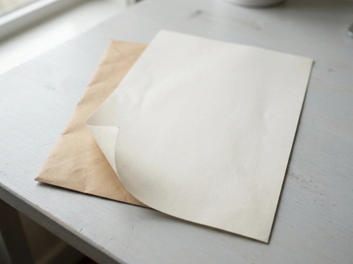 A single unmarked sheet of specification paper lying on a pale desk with a plain kraft envelope beneath it