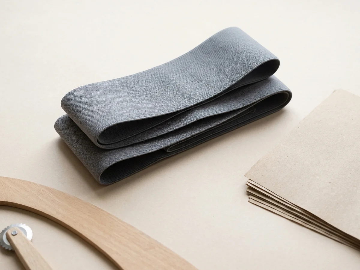 Knitted elastic band material folded back on itself on a pale surface