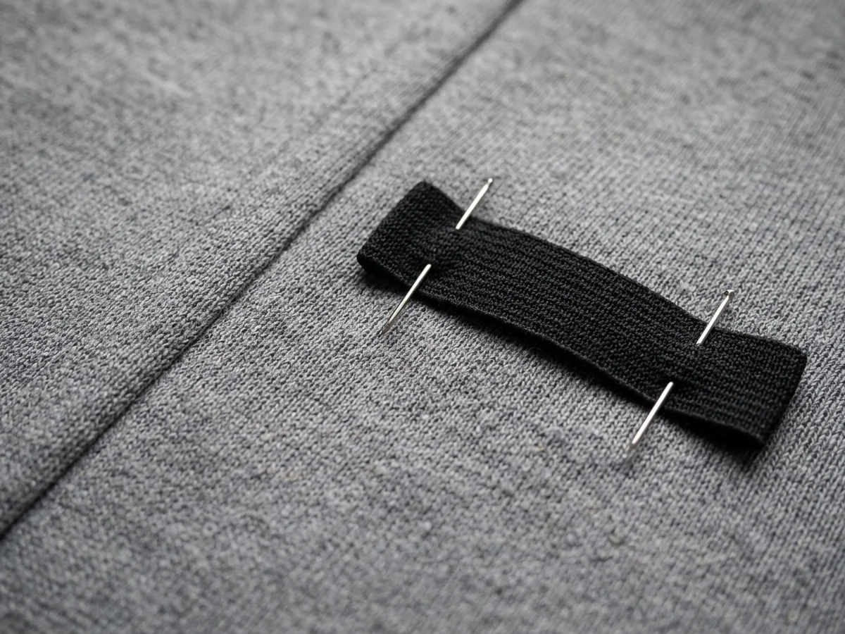 A panel of grey performance knit laid flat on a worktable with a pattern curve and a marking wheel resting across it
