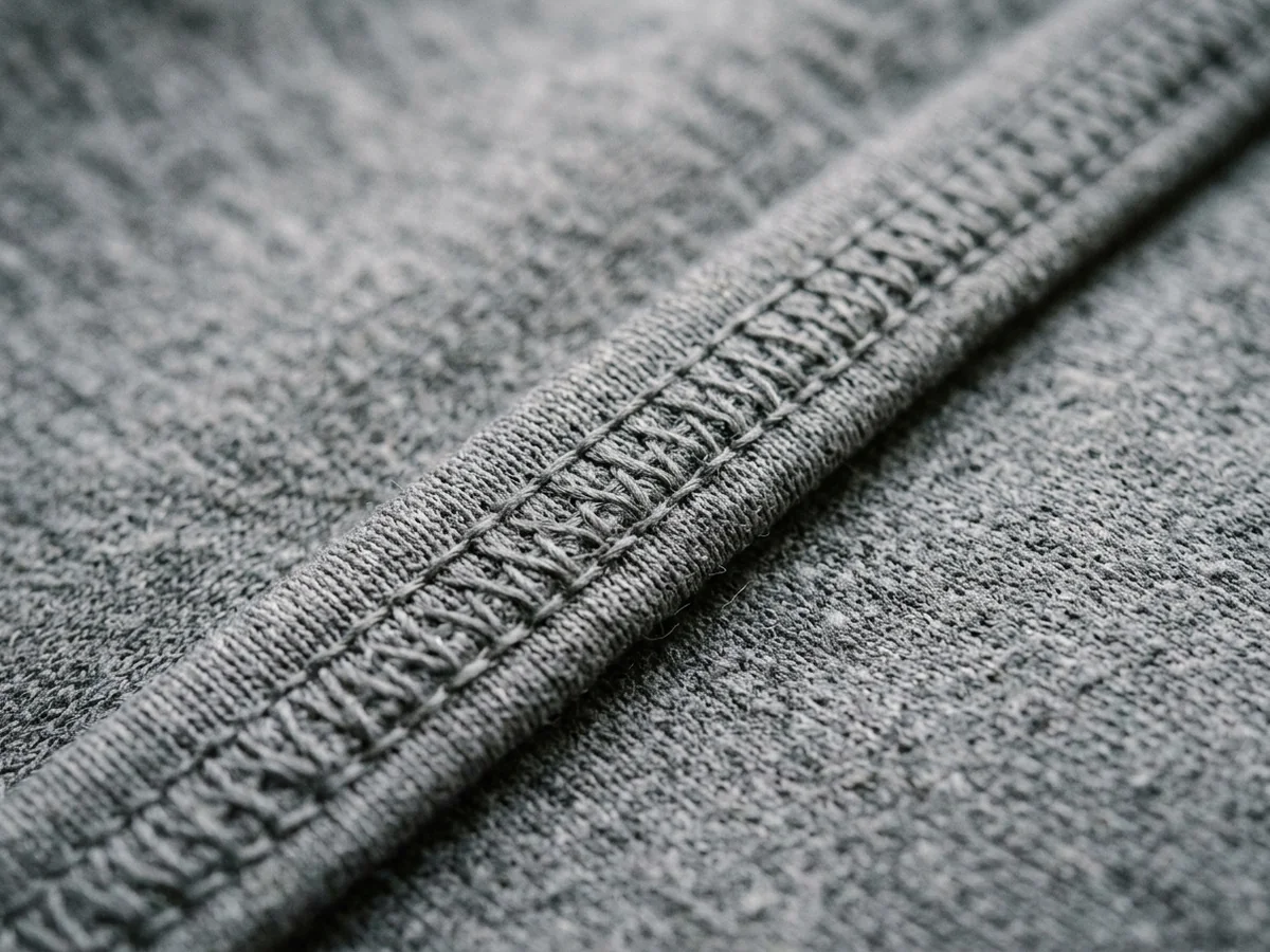 Macro of a flatlock stitch line running along the top of a raised bound edge, the two stacked into a single thicker ridge
