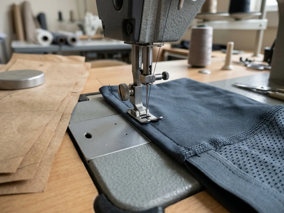 Needle, presser foot and needle plate seen close on a machine bed