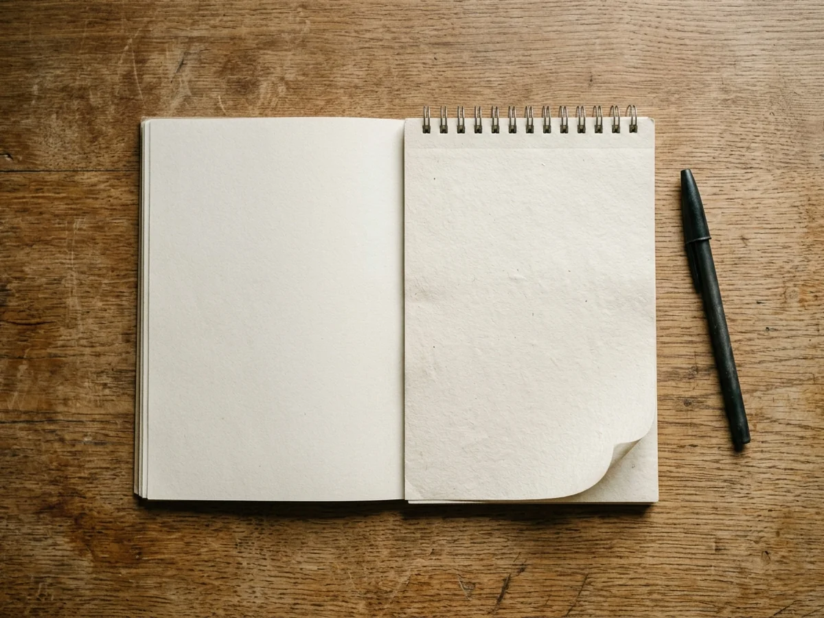 A plain notepad lying open and blank on a worn oak desk beside a capped pen
