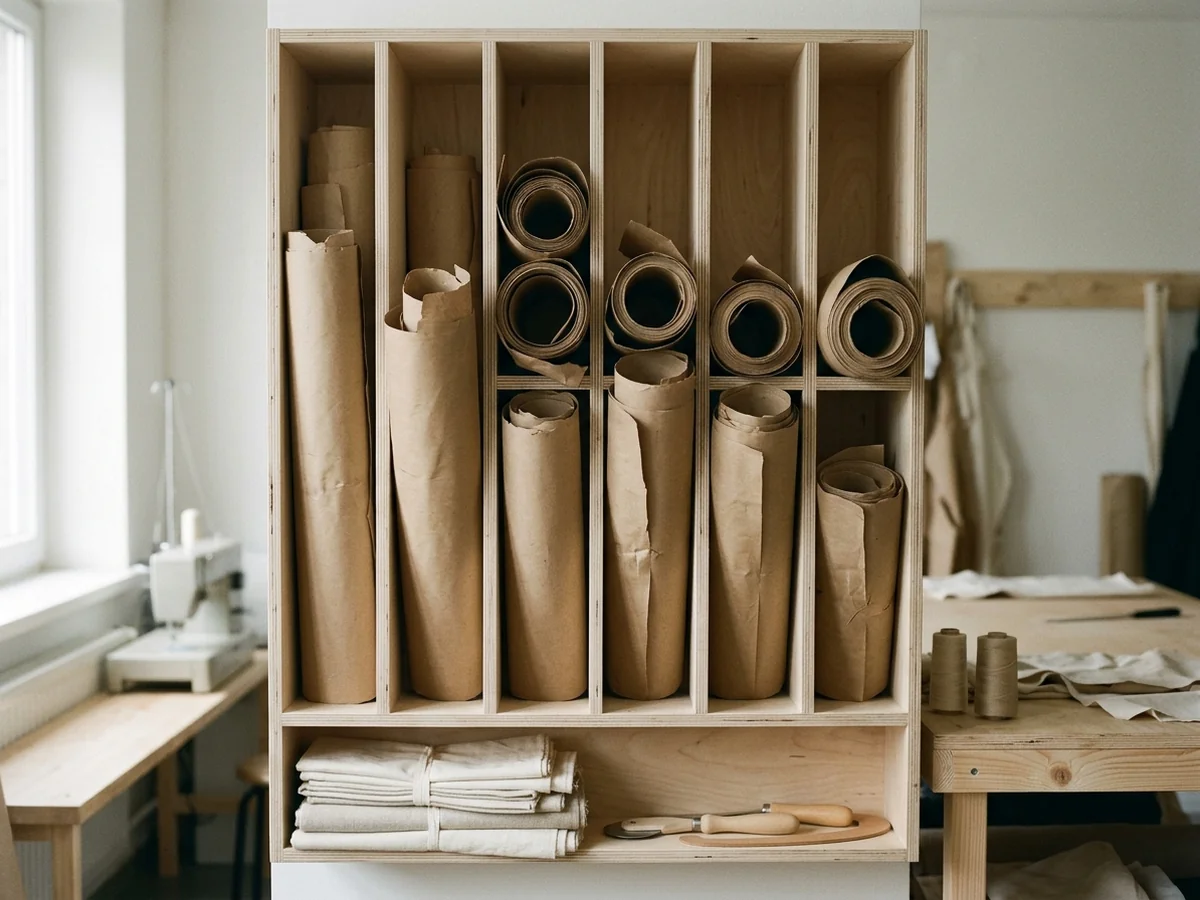 A wall rack of rolled kraft pattern blocks standing in open pigeonholes