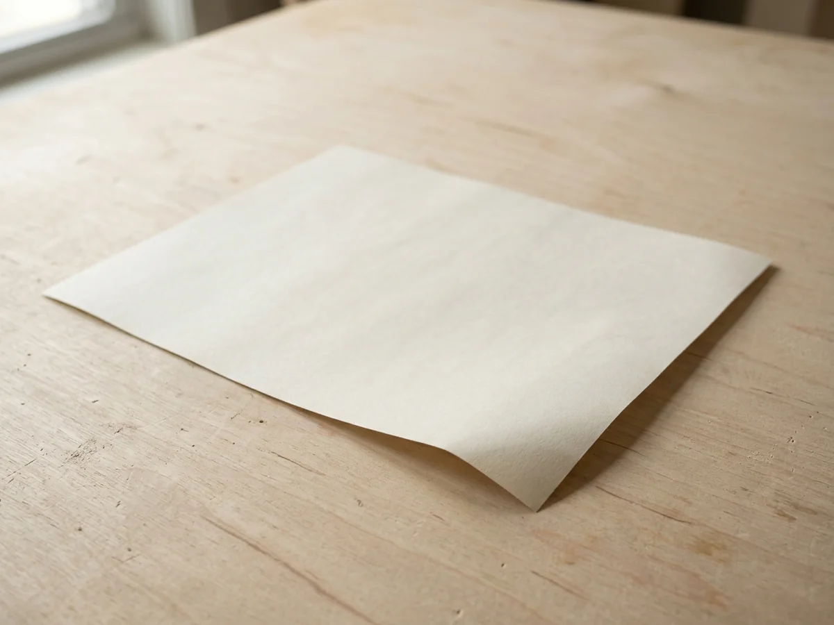A single sheet of plain paper lying face down on a pale birch surface, showing only its blank reverse