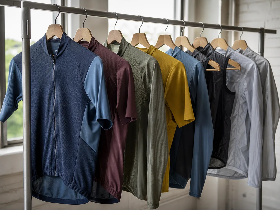 Cycling jerseys, vests, and outerwear laid out together