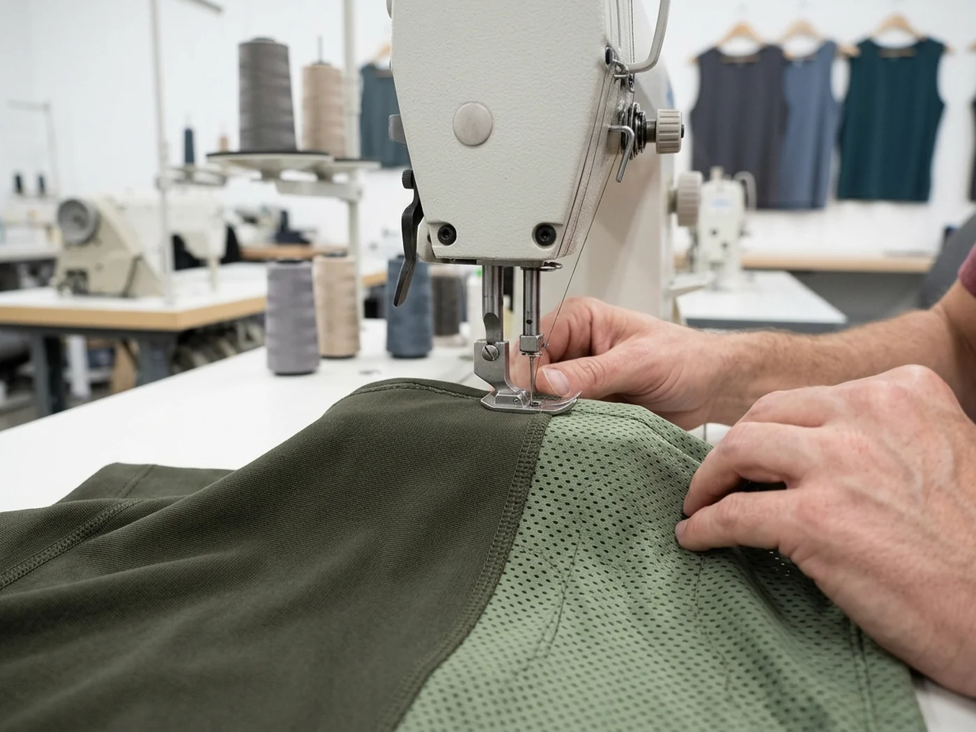 A machine foot stitching a panel, the production every season still runs through