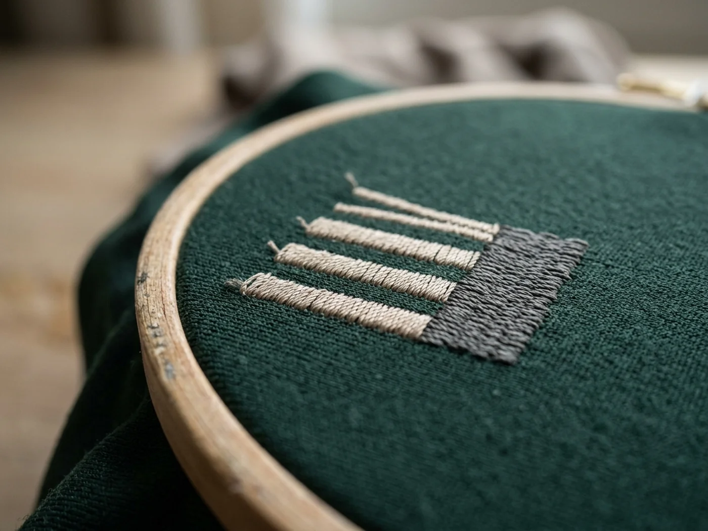 An embroidered motif stitched into cloth, seen close up