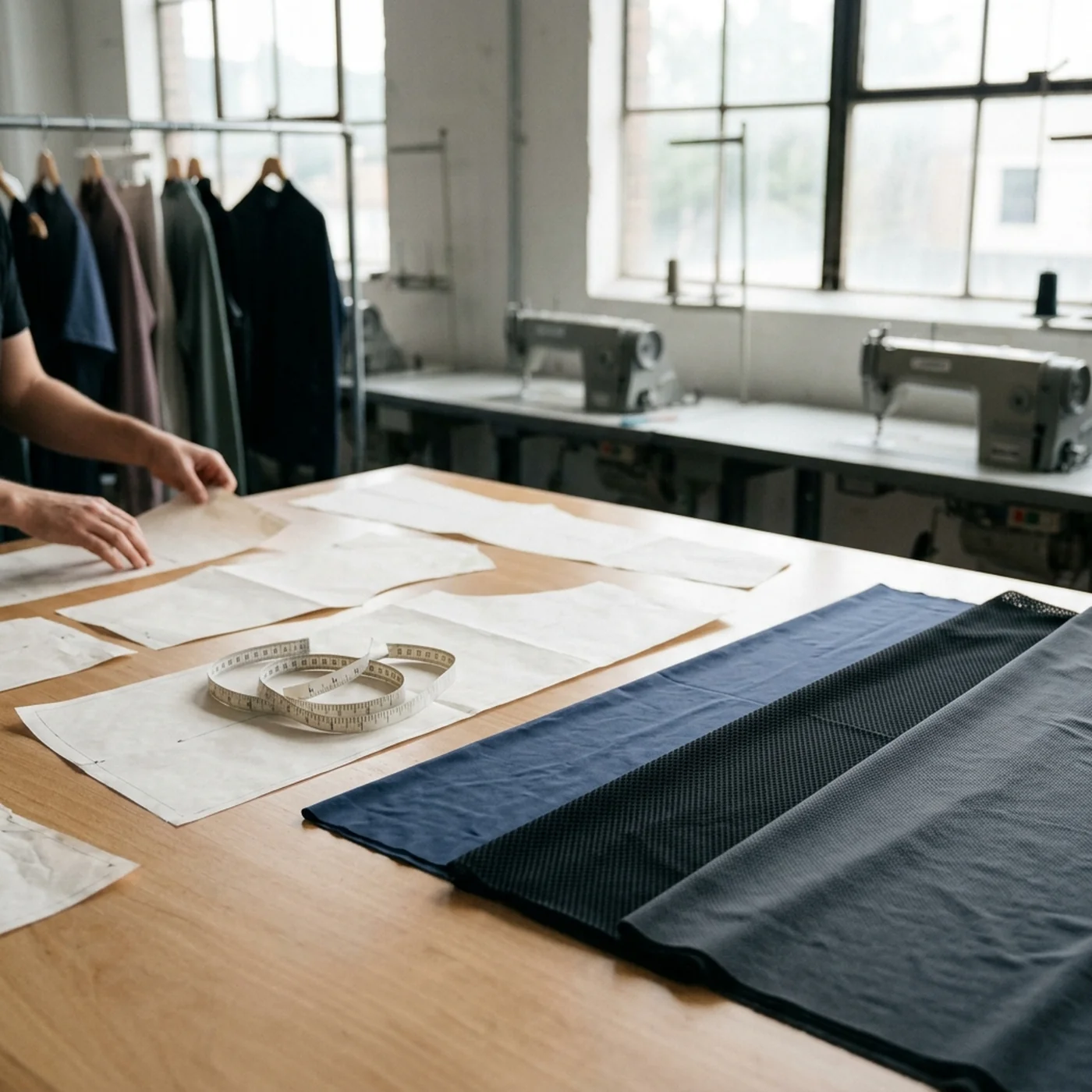 Paper pattern pieces laid out on a development table with a tape measure to hand