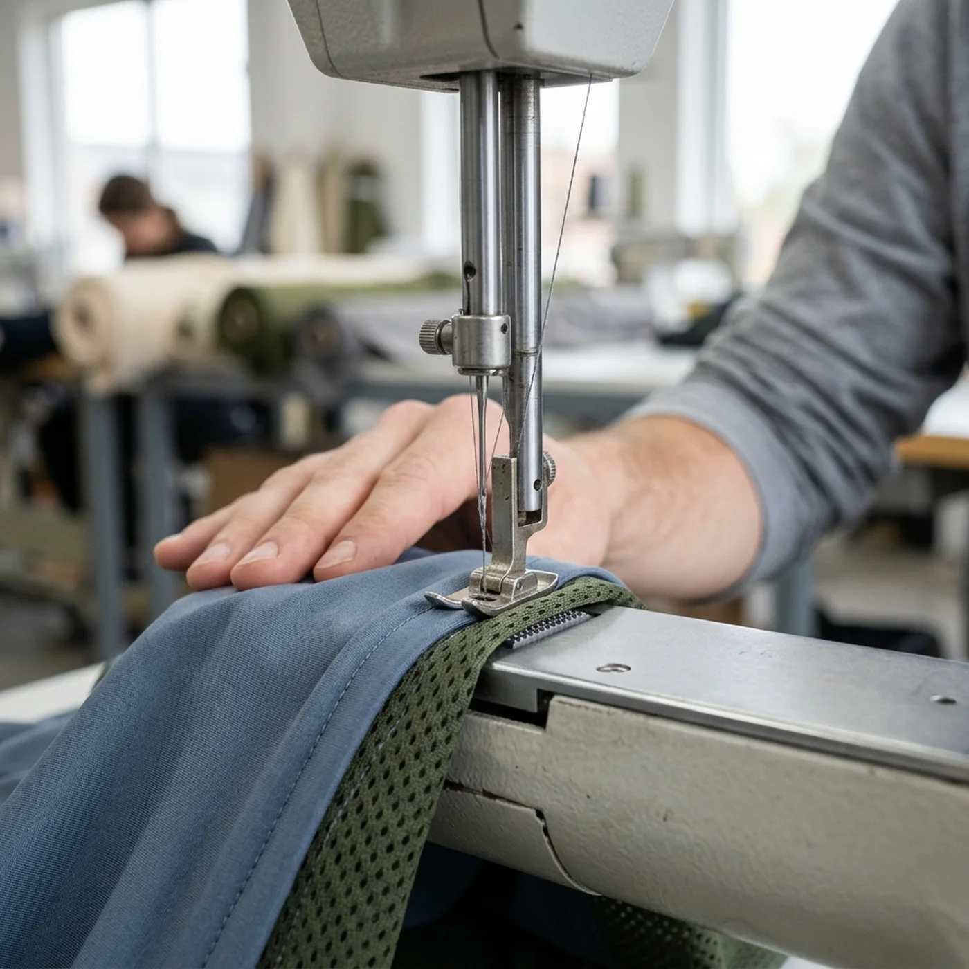 A machine needle and seam close up, where a cut decision becomes construction