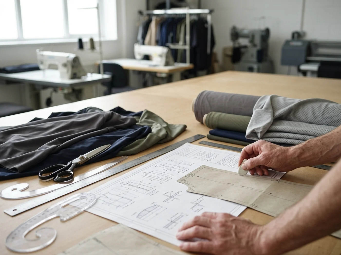 A pattern-making bench with rule, curve template and shears — a club kit is developed to a specification