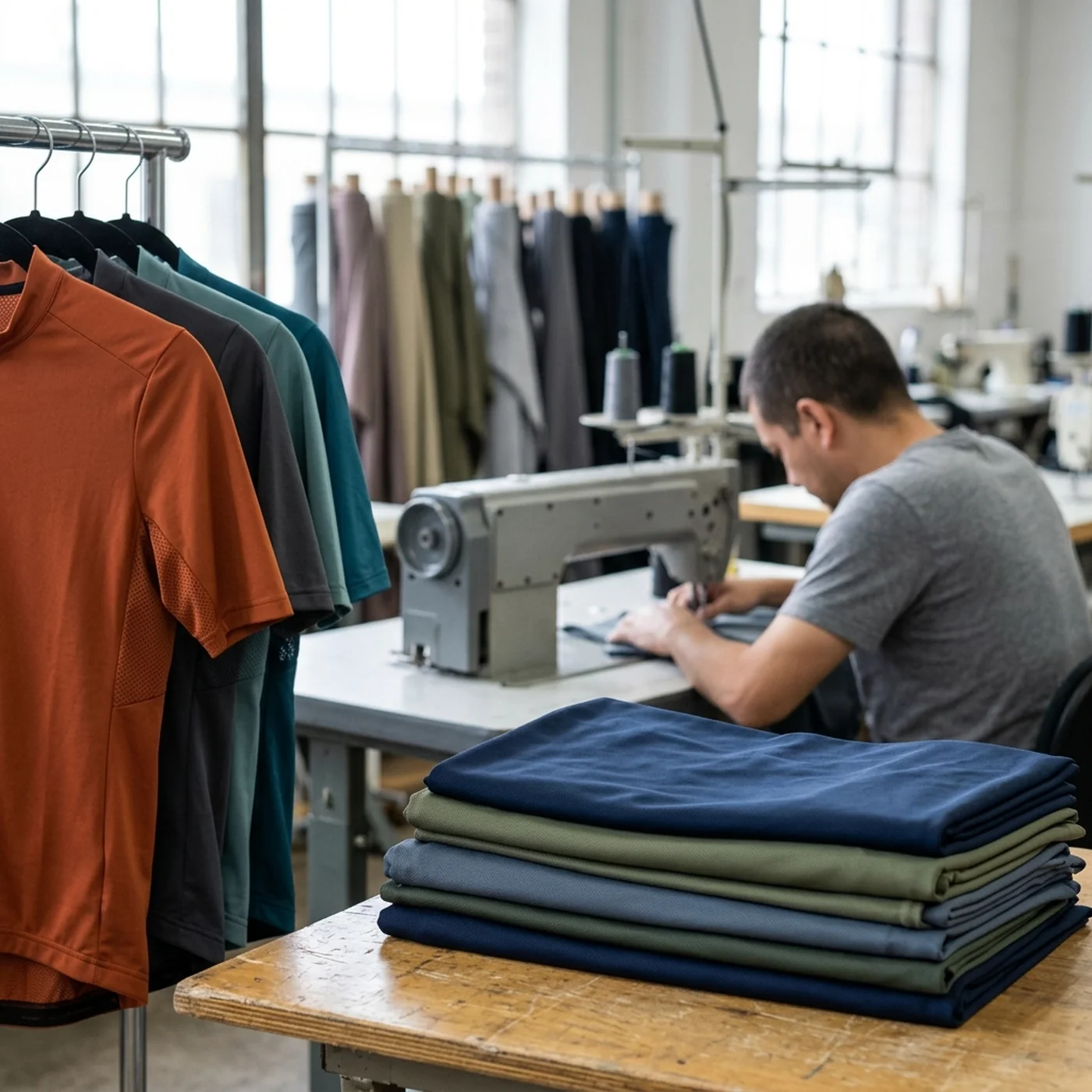 Folded lengths of cloth in several colourways, one club's squads side by side