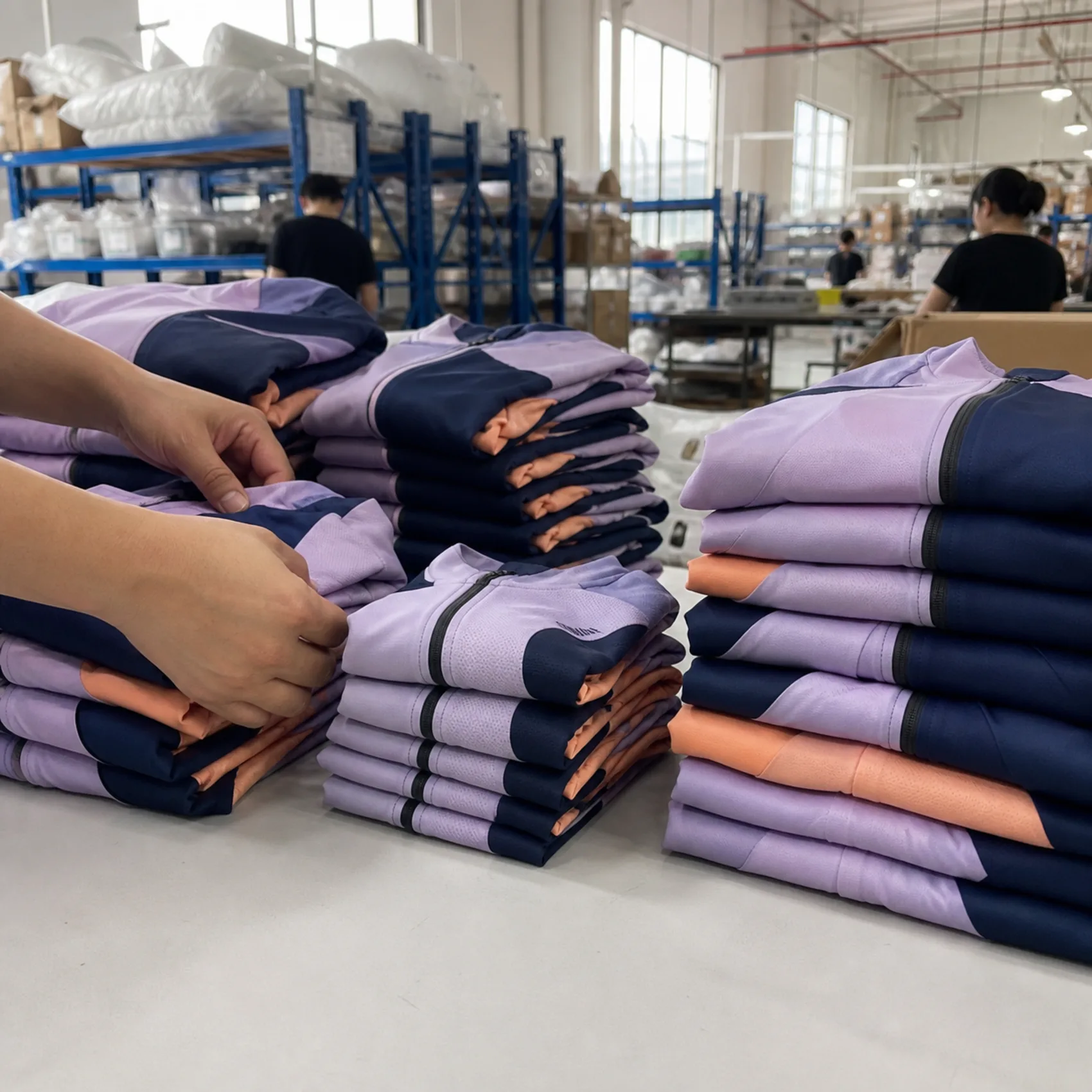 Folded cycling jerseys sorted by size within one coordinated production batch