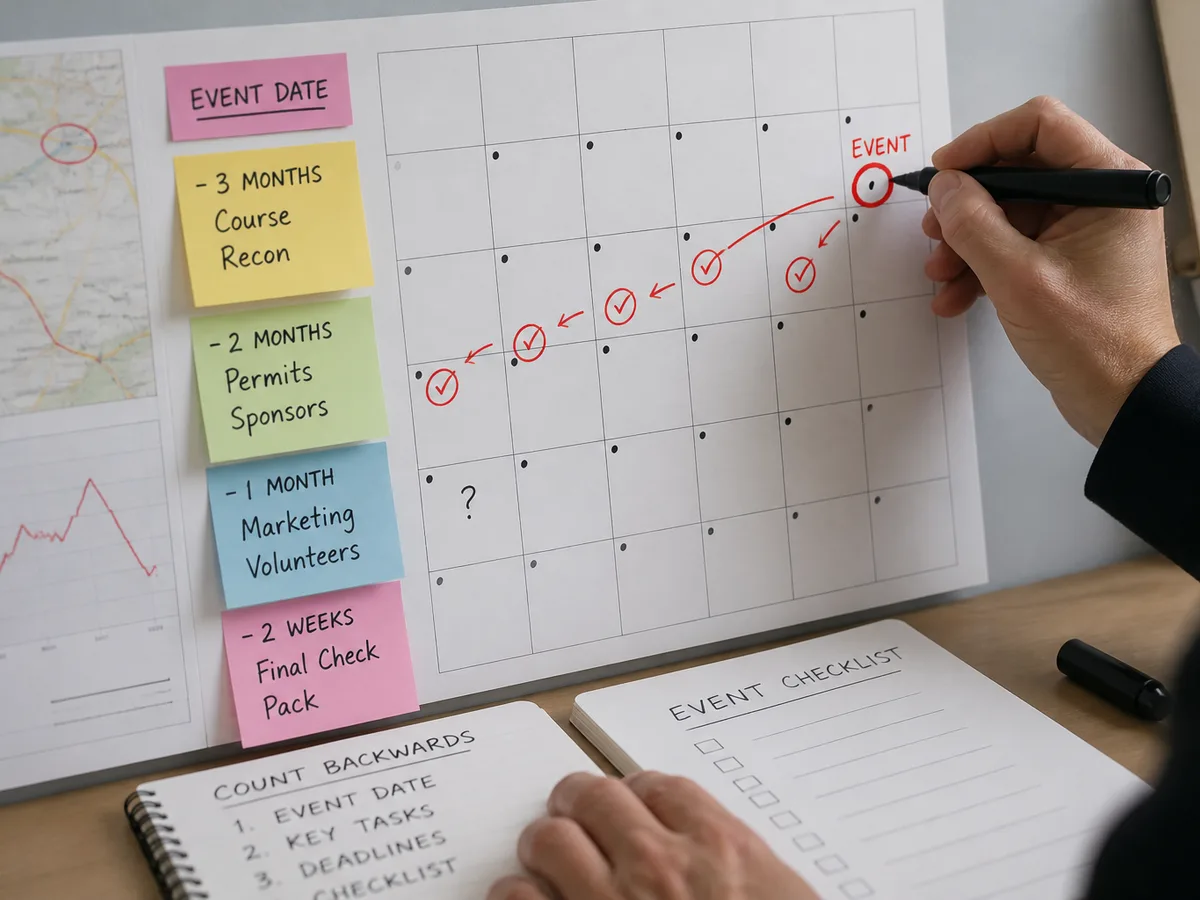 Hands marking a fixed event date on a wall planner while counting back deadlines