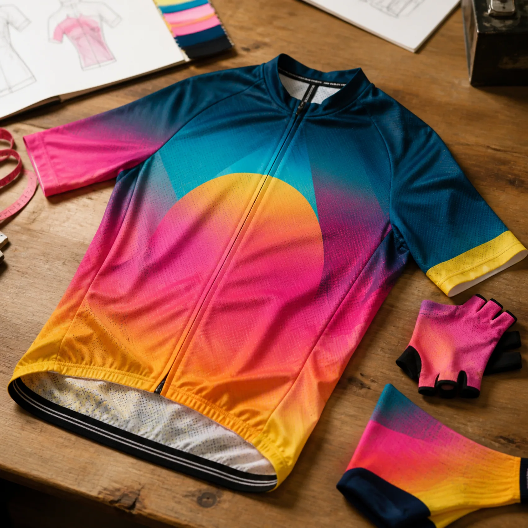 Single-design finisher cycling jersey laid flat, one consistent design across the batch