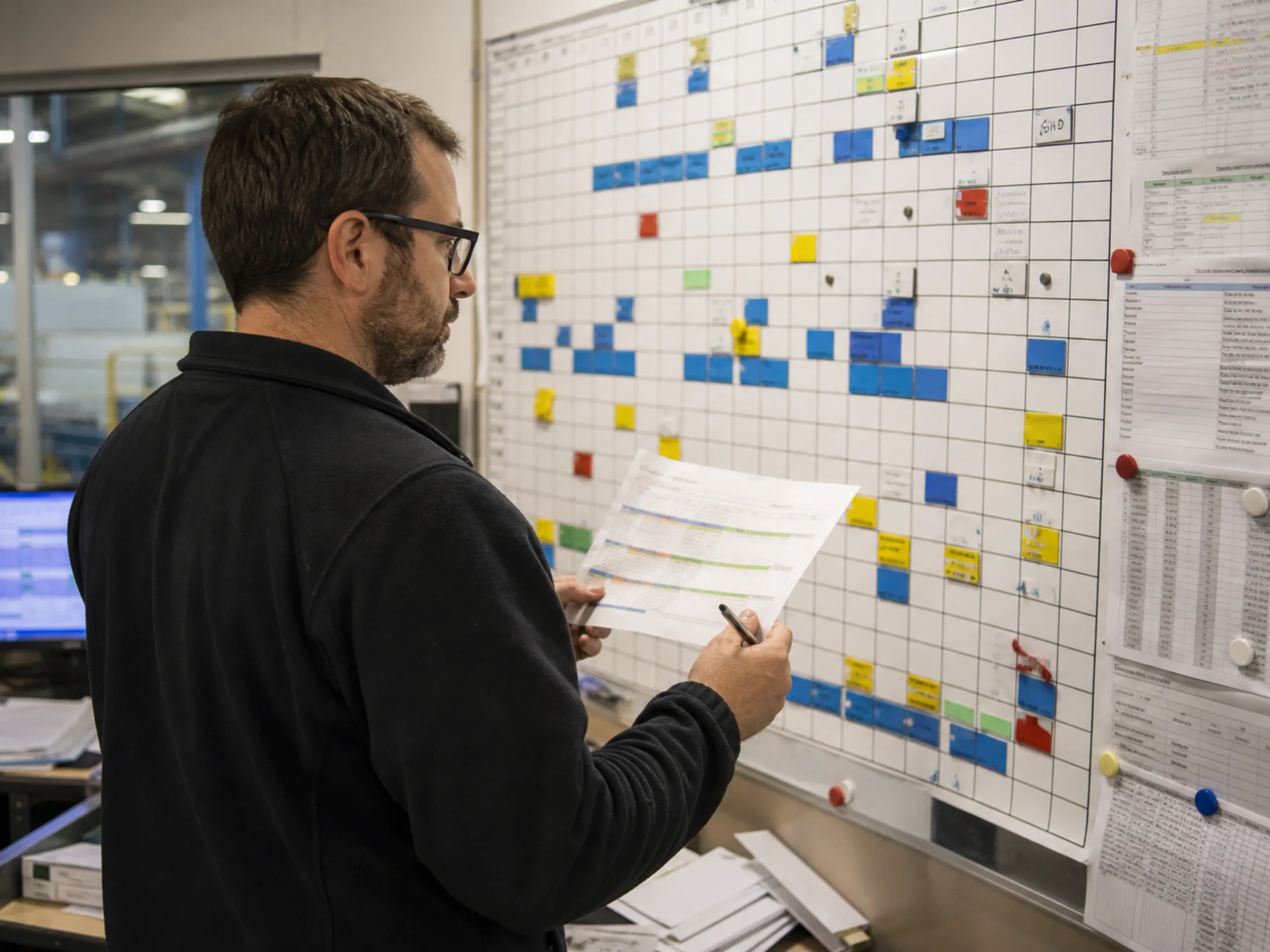 Production planner reviewing a bulk scheduling board against a confirmed order date