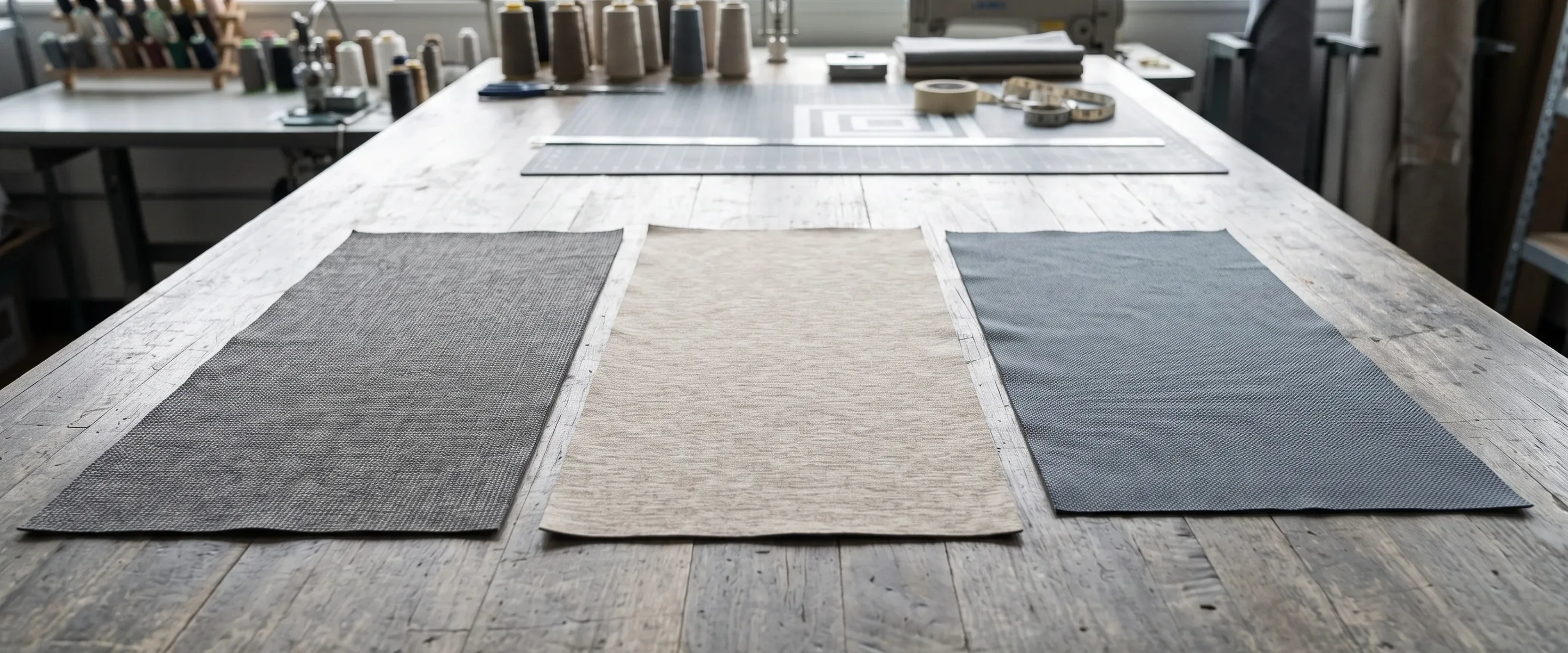 Three neutral woven performance fabrics laid side by side