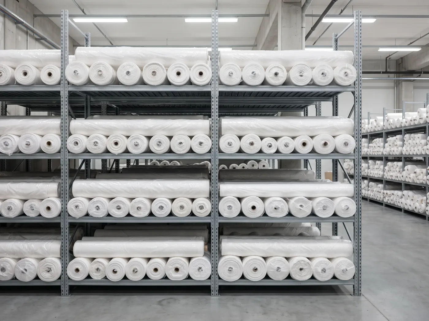 Rolls of undyed white fabric stacked on shelving