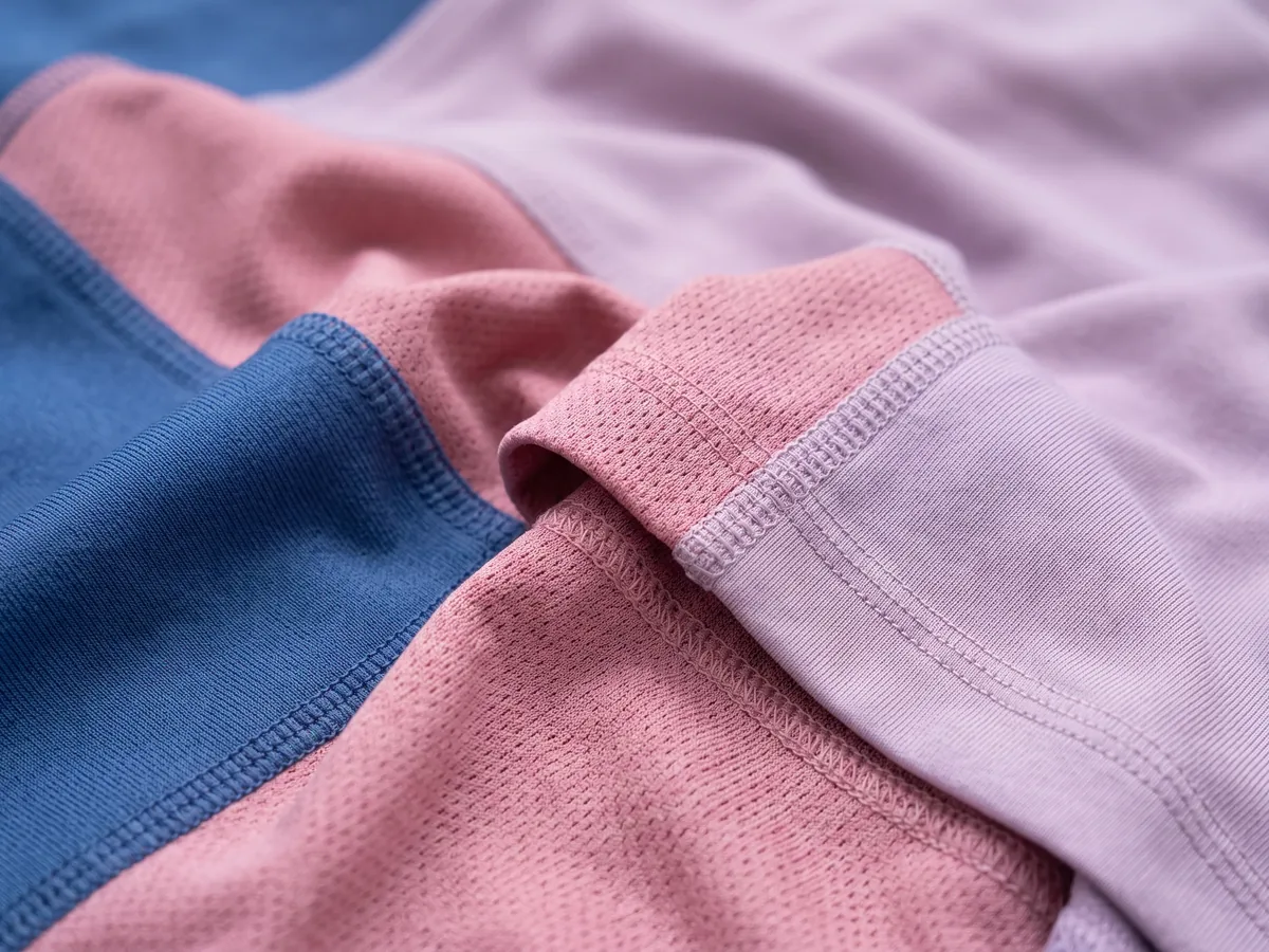 Folds of blue, pink and lilac textured performance knit