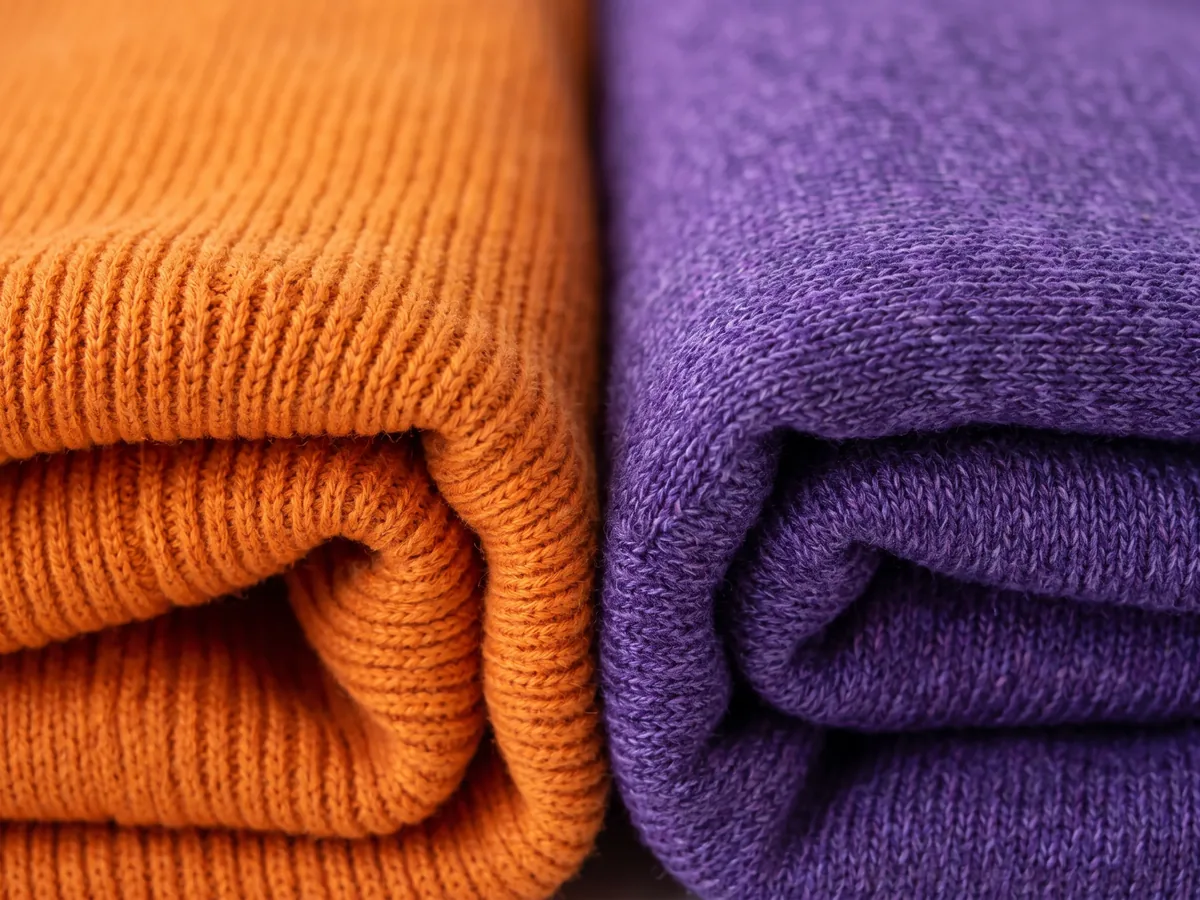 Orange and violet knit fabric folded against each other