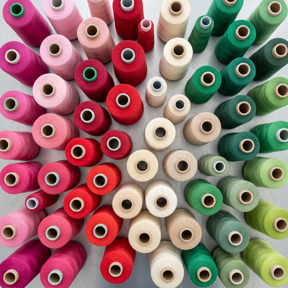 Cones of thread in pink, red, cream and green seen from above