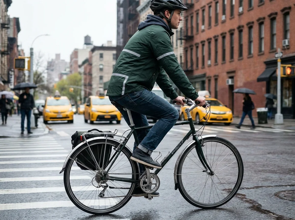 Commuter cyclist wearing a weatherproof reflective jacket riding through a rainy city street