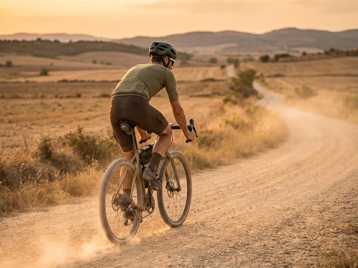 Gravel cyclist riding a dusty countryside gravel road wearing an earth-tone gravel cycling jersey and bib shorts