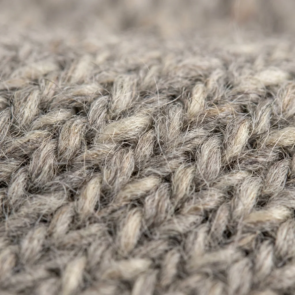 Close-up macro texture of merino wool blend fabric showing fine natural wool fiber structure