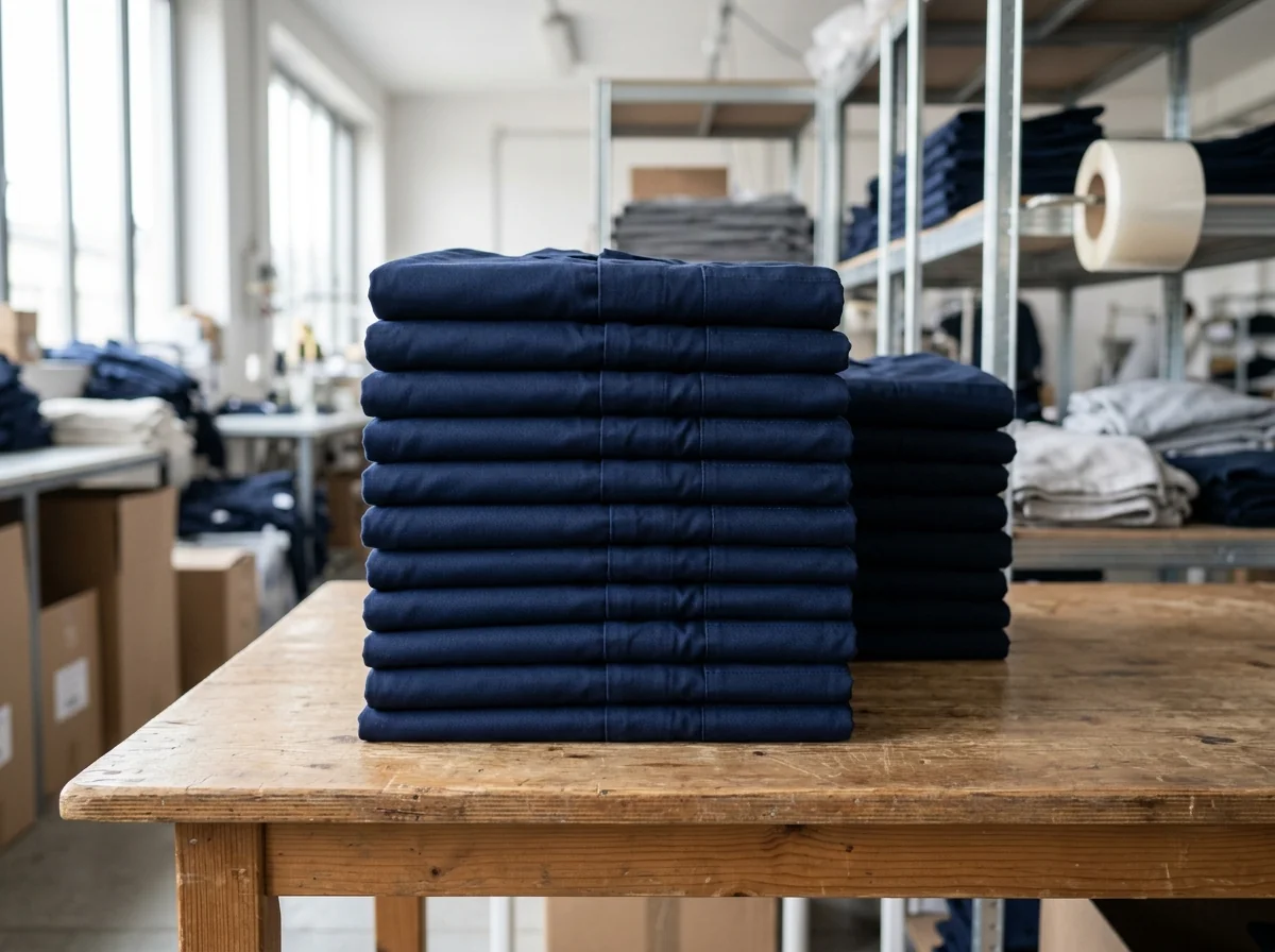 Folded finished garments held ready for packing