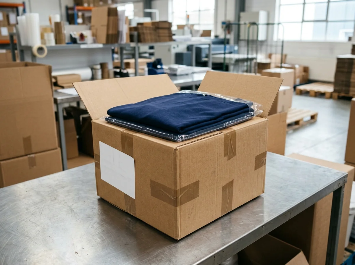 A folded garment boxed for despatch