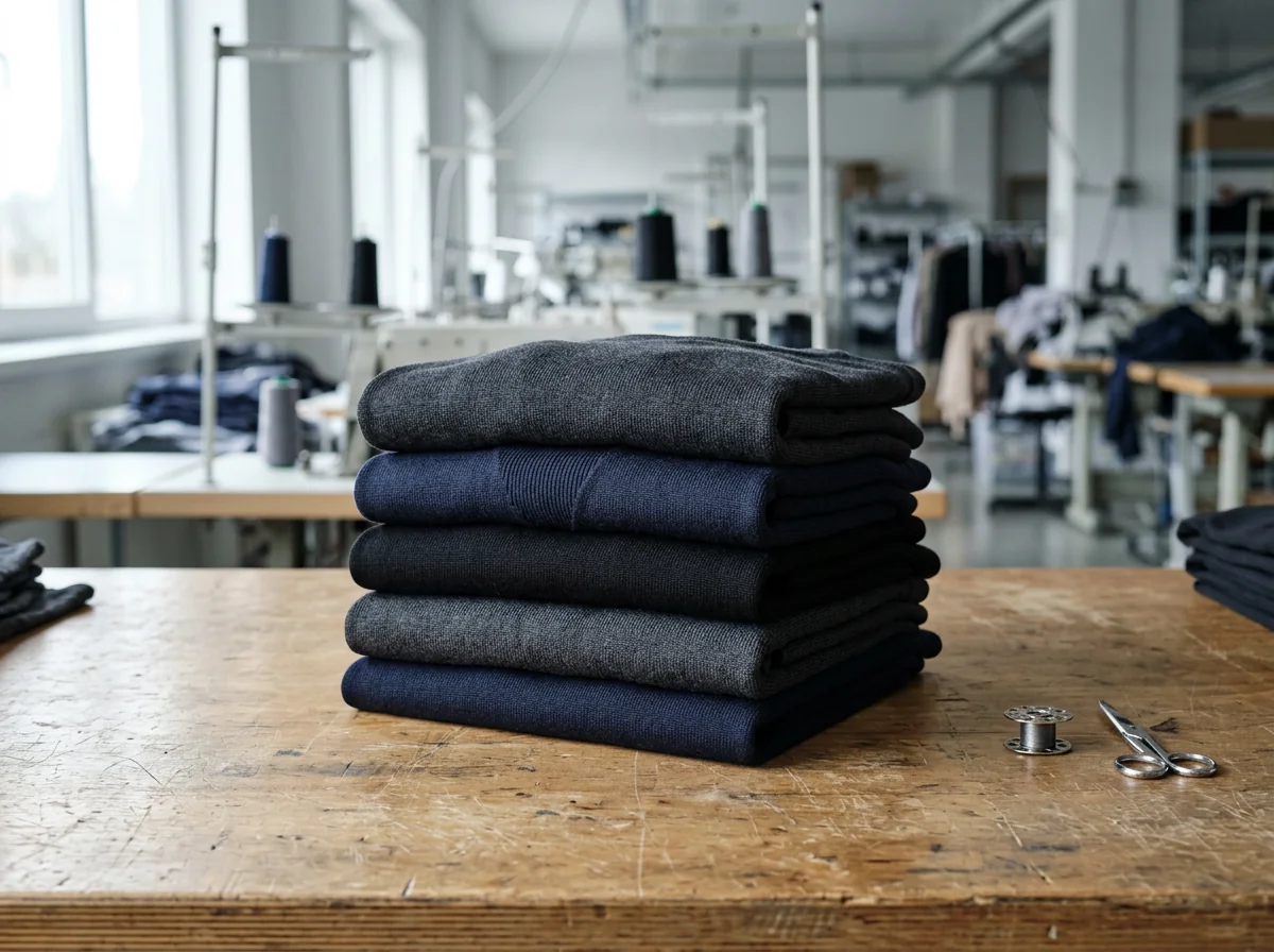 A folded stack of finished knit garments