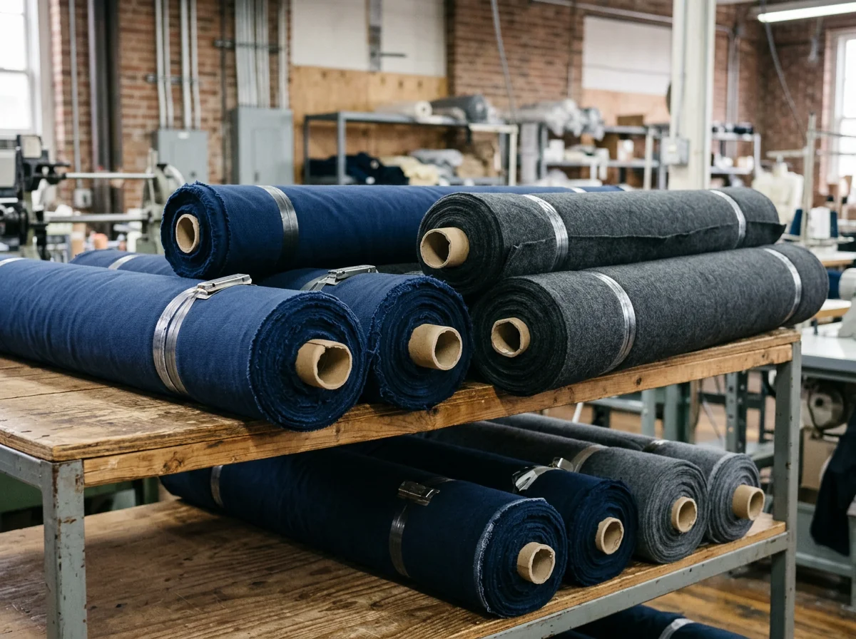 Bolts of fabric stacked and waiting to be scheduled