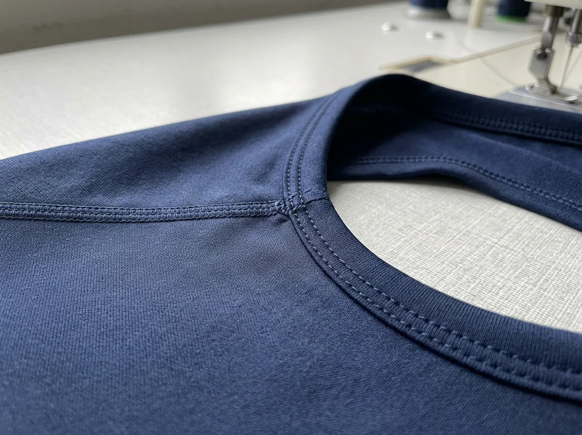 Shoulder, armhole and coverstitched binding on a finished sports garment