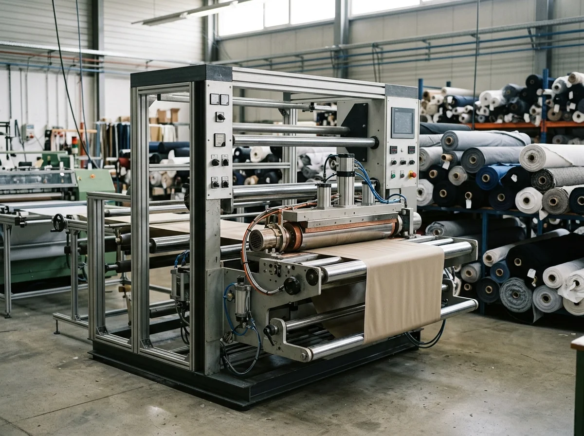 Bonding and sealing machine on the floor with fabric rolls behind it