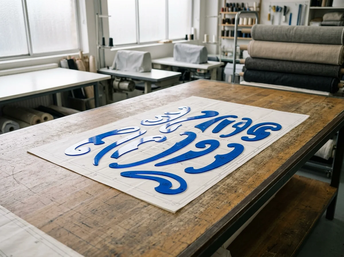 Blue drafting curves laid out on pattern paper