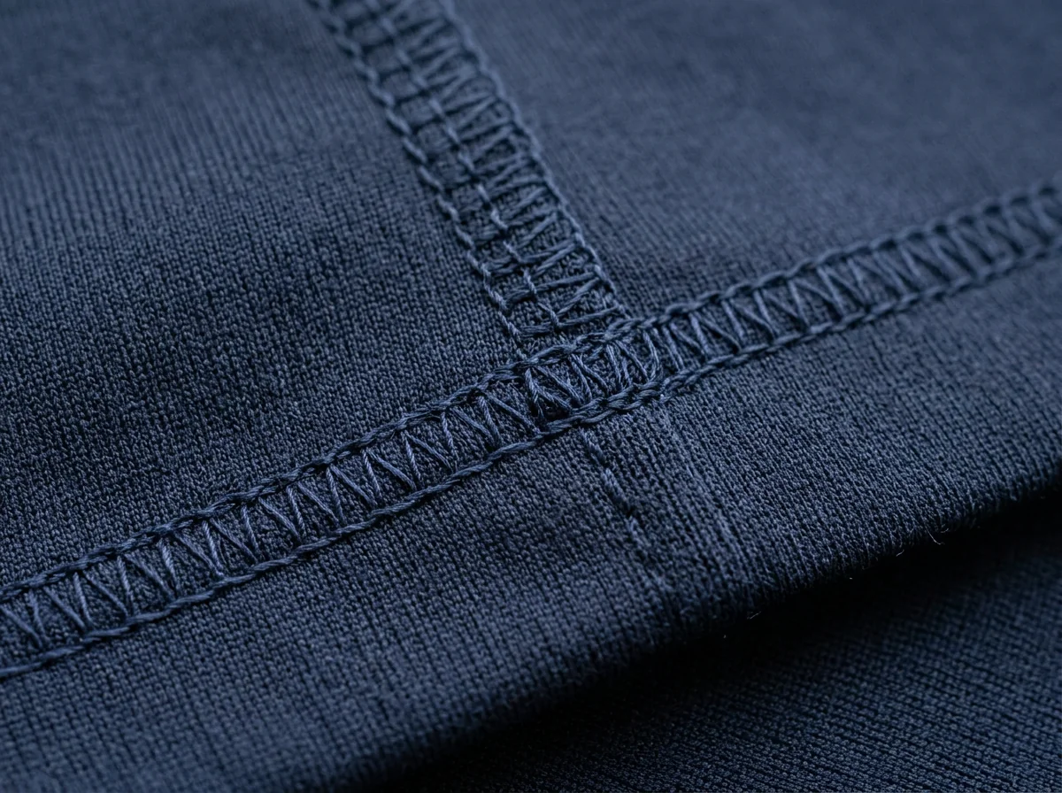 A stitched and closed seam on a dark technical panel