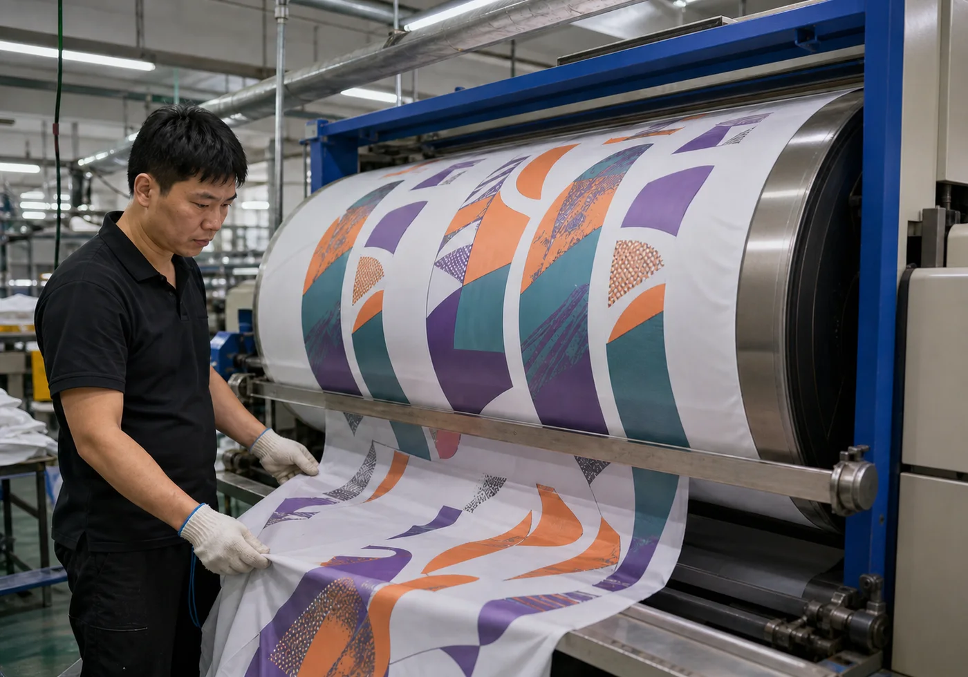 Digital sublimation printing line transferring full-panel graphics onto cycling fabric
