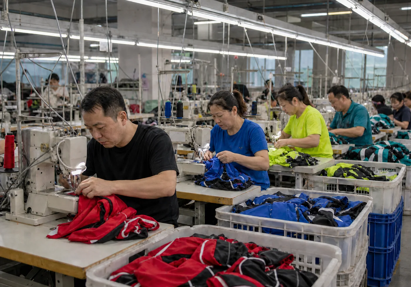 Sewing operators at flatlock stations assembling cycling jerseys on a production line
