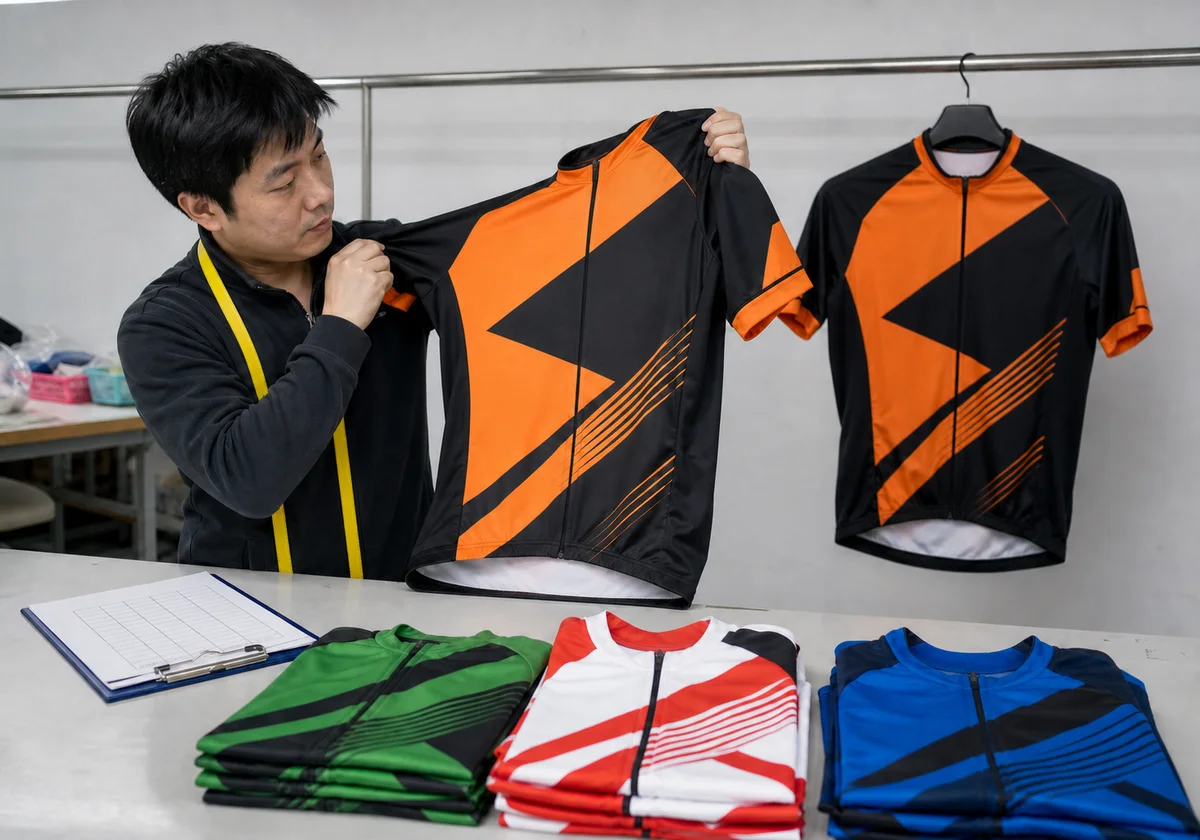 Final pre-shipment inspection comparing finished cycling jerseys to the signed-off sample