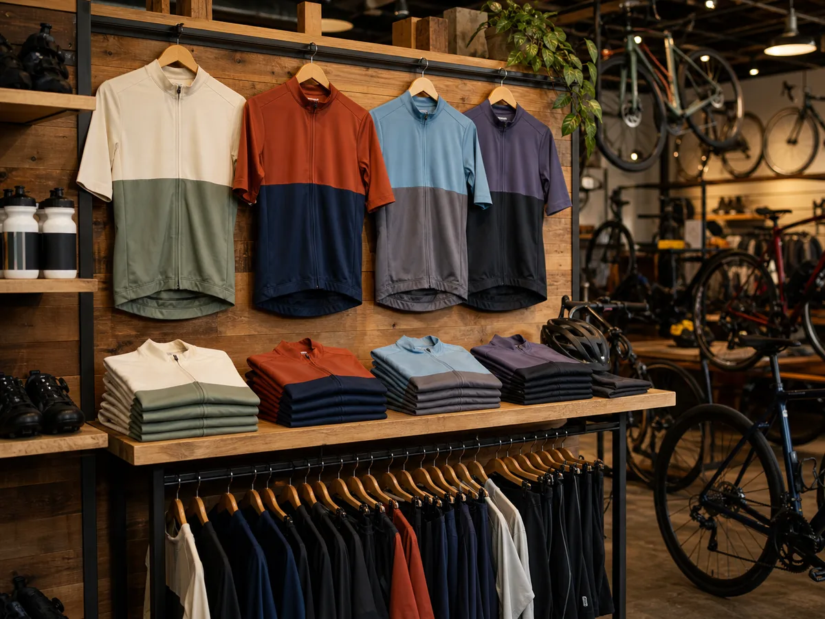 Bike shop storefront display of a house-brand jersey in four standing colors