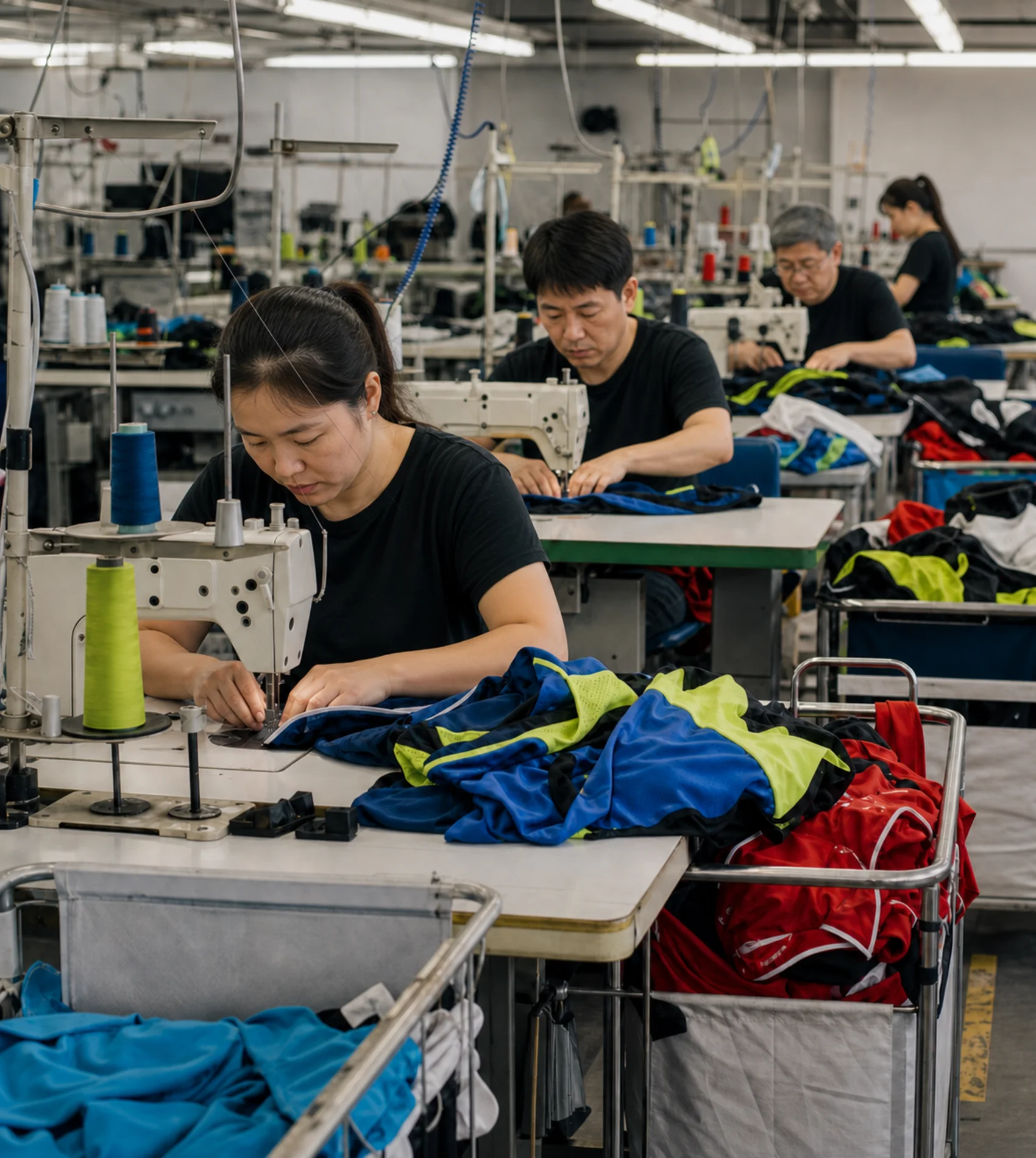 Apparel workers sewing colorful cycling garments in an active workshop