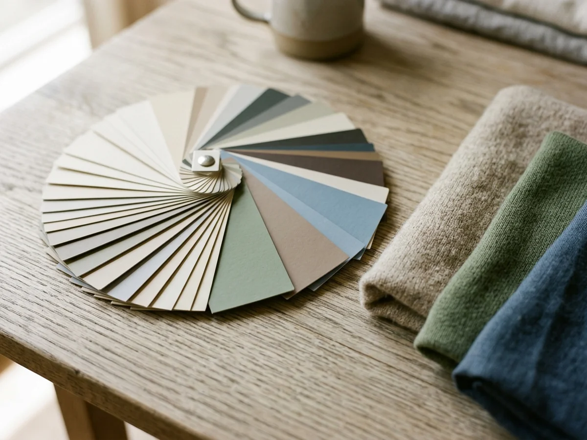 A fan deck of plain colour chips spread open beside folded knit swatches in solid colours