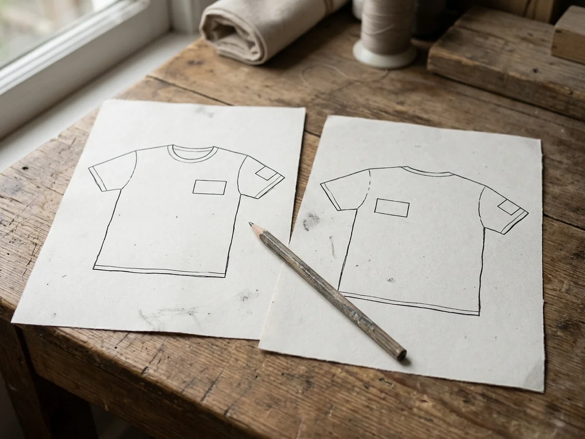 Two paper sheets showing front and back garment outlines, each marked with a small blank rectangle