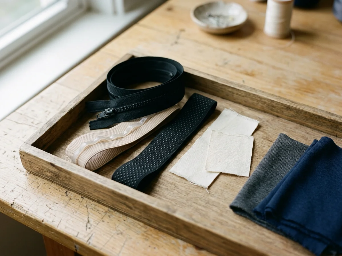 A shallow tray of garment trims — a coil zipper, elastic band, mesh and blank woven labels — beside folded knit swatches