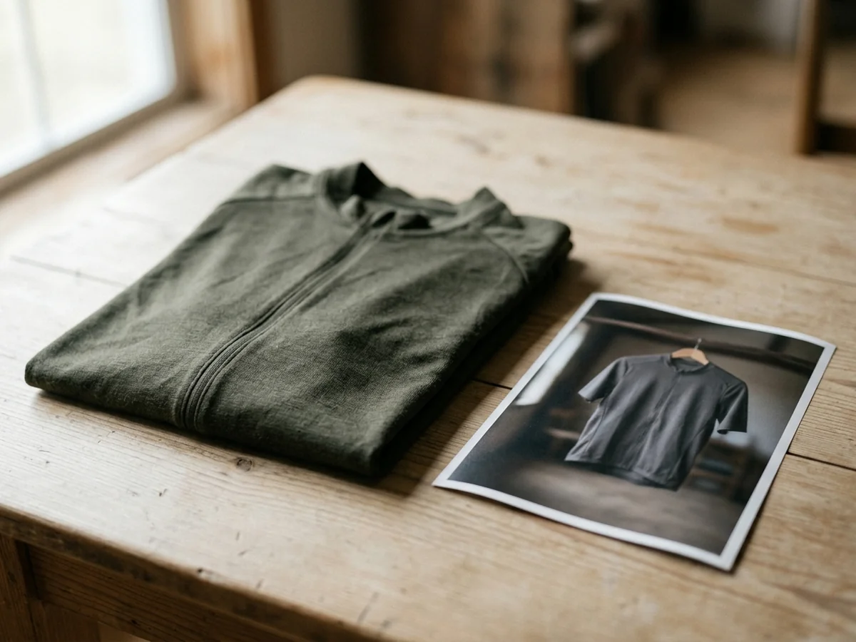 A folded plain garment beside a small matte photographic print of a garment on a hanger