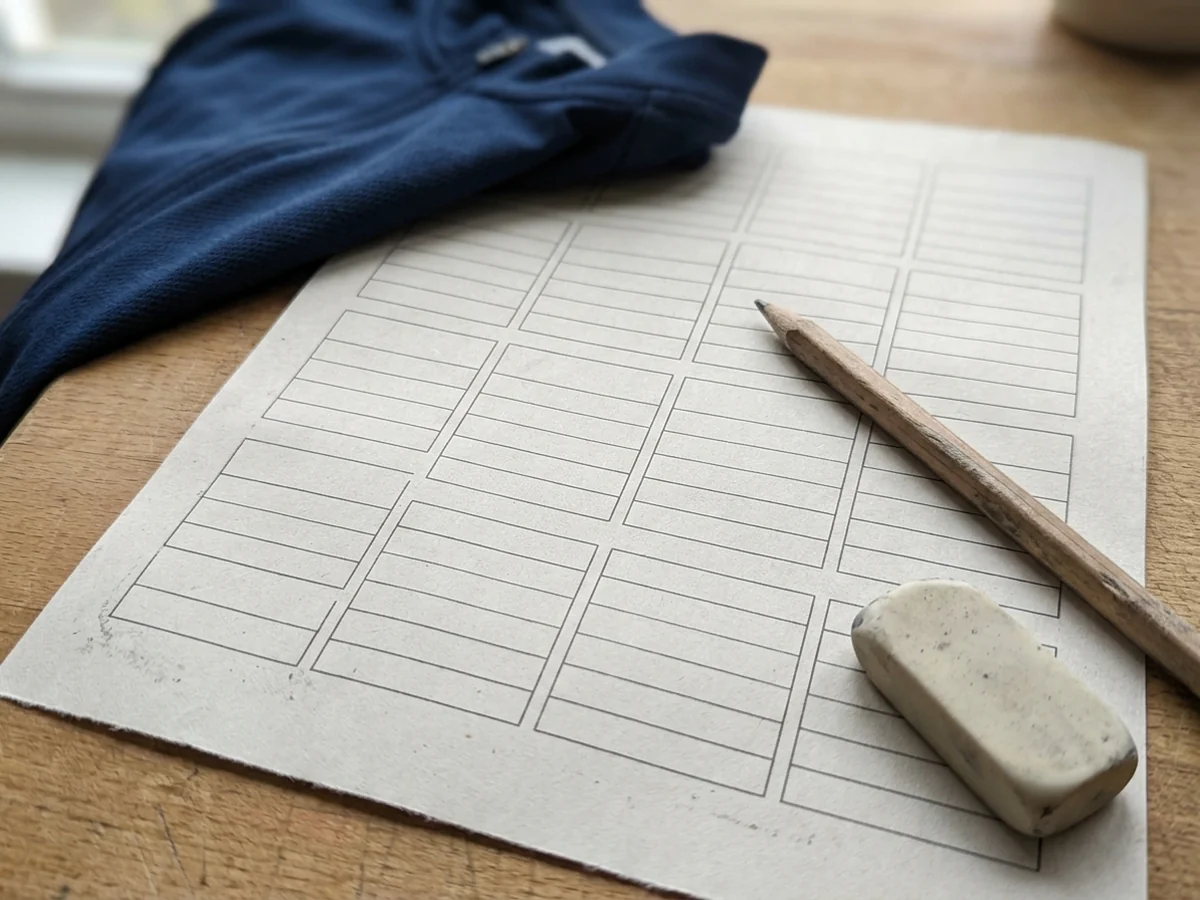A printed grid of empty ruled cells on plain paper with a pencil and eraser beside it