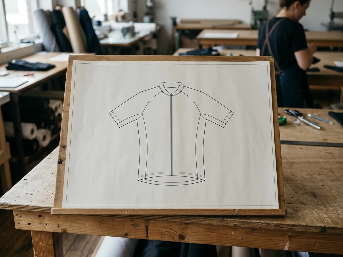 A technical garment drawing on plain paper with fine dimension lines, a metal ruler and a pencil across it