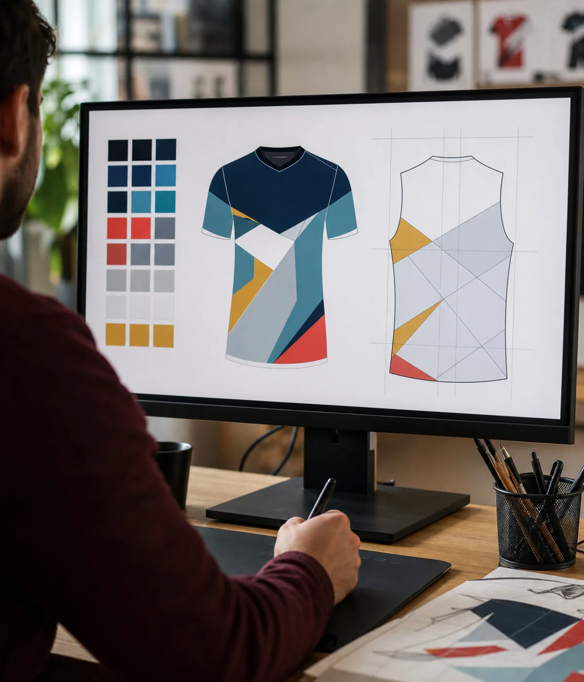 Vector artwork file for a cycling jersey sponsor logo open on a design screen, color-coded placement guide beside it